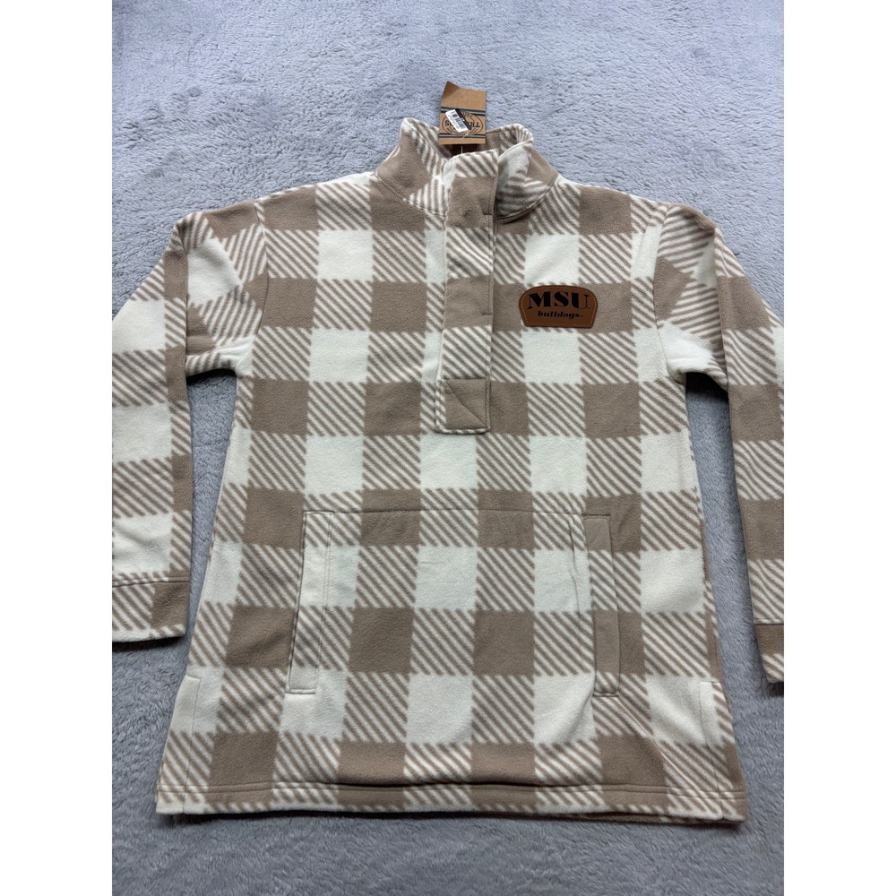 MSU Bulldogs Fleece Pullover Tan Buffalo Plaid Snap Neck Small